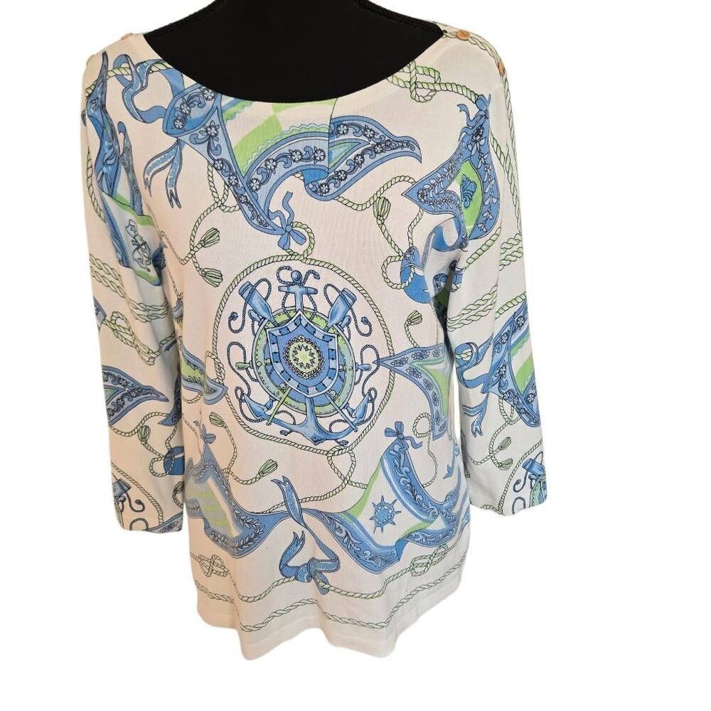 J. McLaughlin White Top with Blue and Green Nautical Print